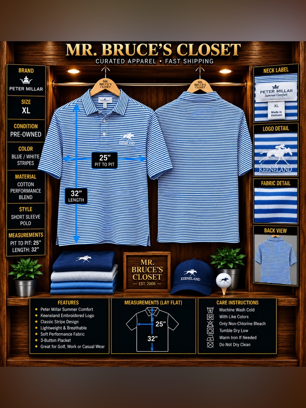 Peter Millar Blue & White Striped Performance Polo